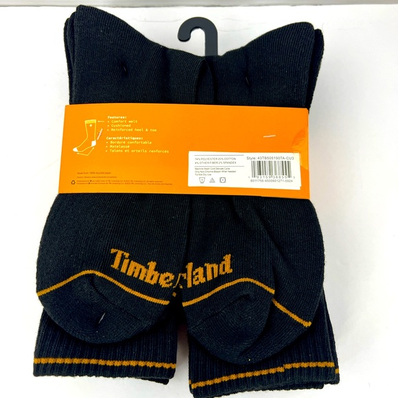 TIMBERLAND, CUSHIONED CREW SOCKS, SIX PAIRS, MEN’S BLACK WITH ORANGE LOGO - Picture 9 of 16
